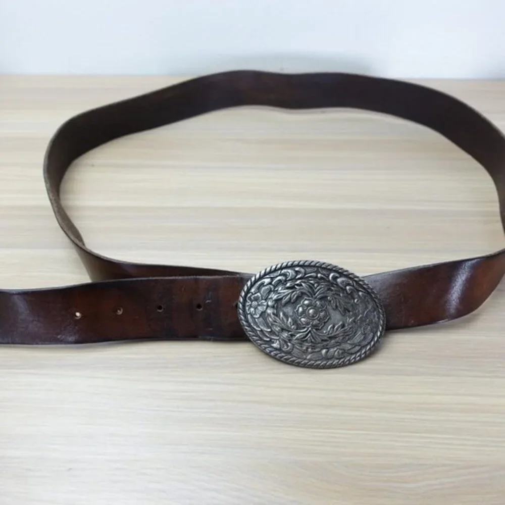 VINTAGE Cowboy Brown Leather Belt Men 46 XXL EDDIE BAUER Western Buckle USA RARE